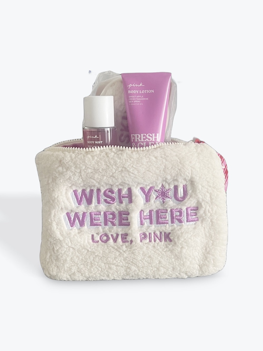 PINK Victoria's Secret Cream Plush Cosmetic Bag with Pink Body Care Set